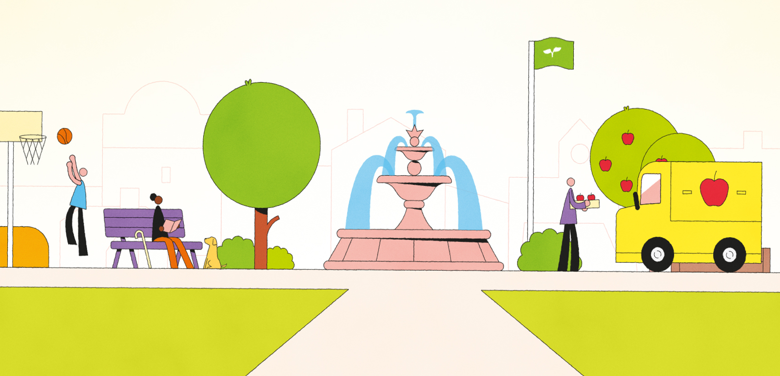 an illustration of a village fountain and people