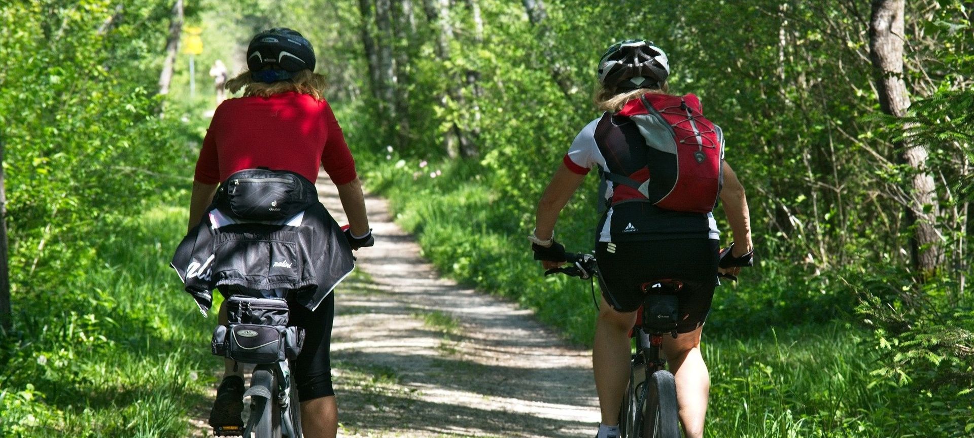 girls on mountain bikes in the forest