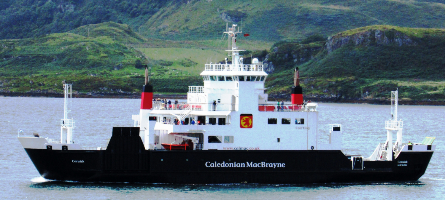 A CalMac ferry sailing on the coast of Scotland