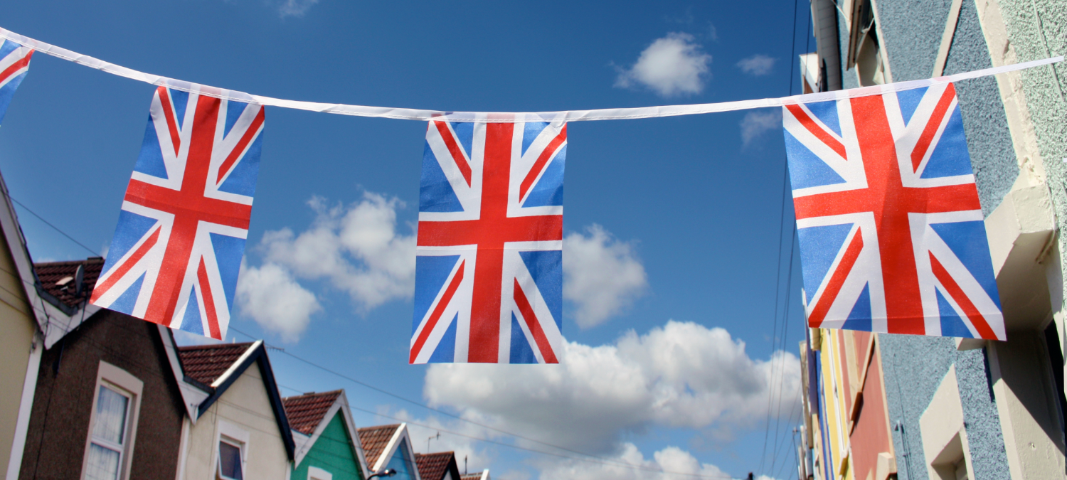 union jack flags across a street