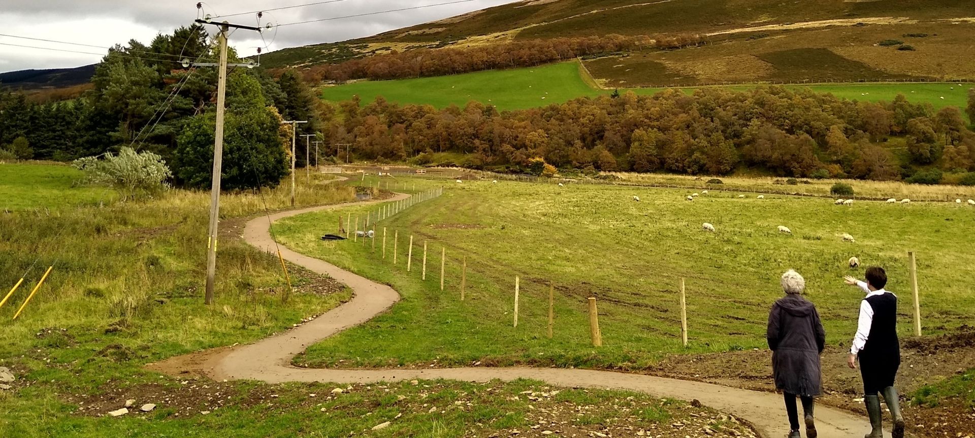 Two people walking on a footpath in the countryside