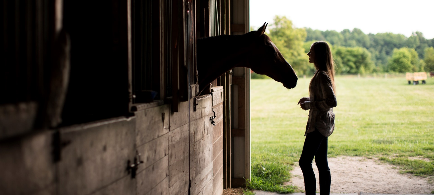 A girl stands in the doorway of a barn patting a horse