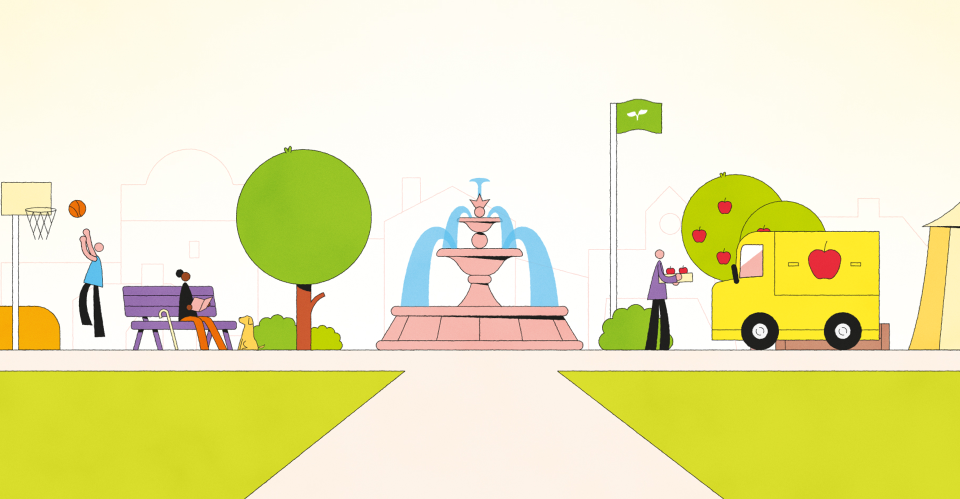 illustration of a village fountain and people