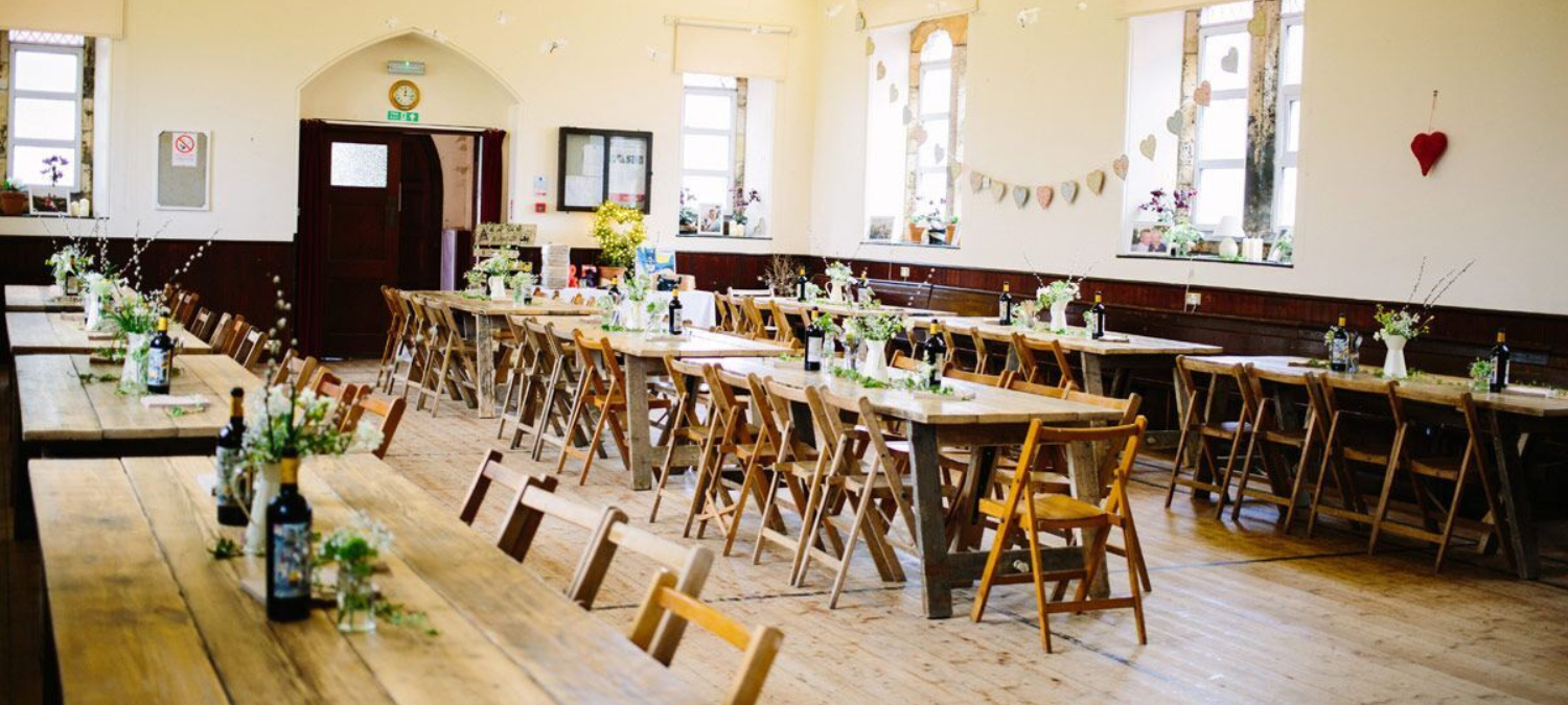 village hall decorated for a wedding